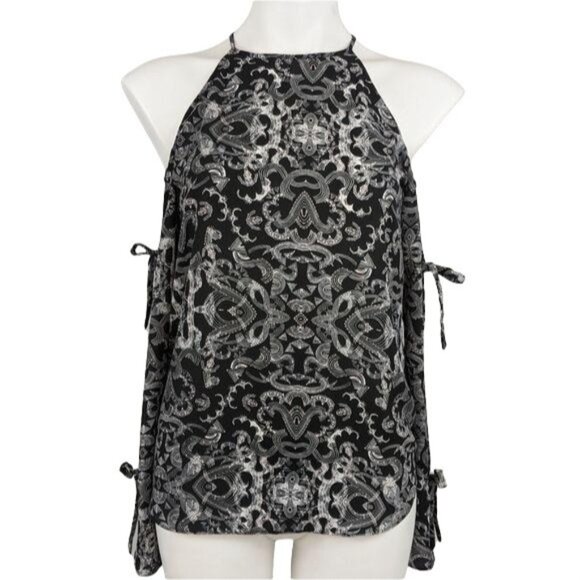 Trouve black graphic printed tied cold shoulder long sleeve blouse small MSRP 69 - Picture 12 of 12